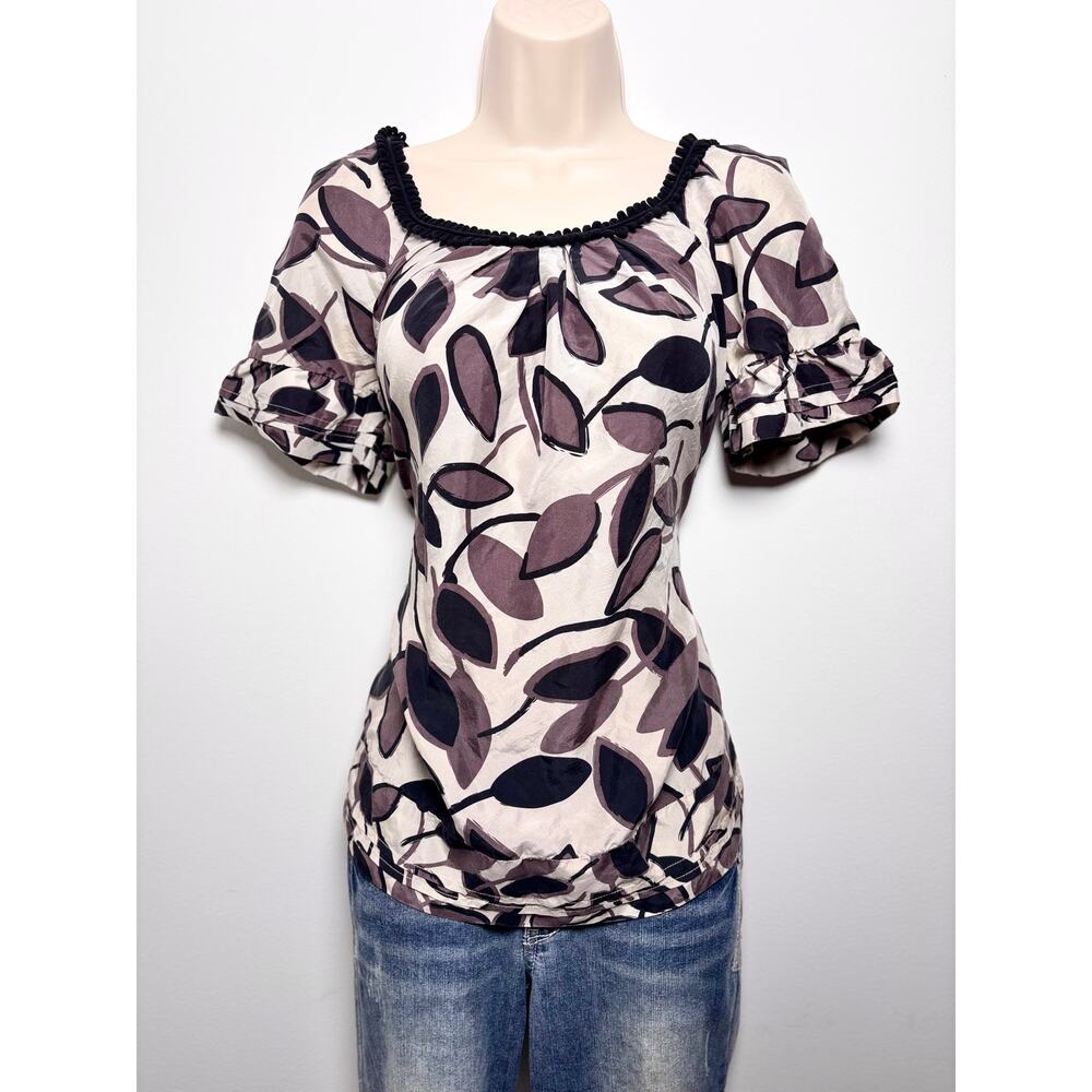 Vtg Y2K BCBGMaxazria Leaf Print Silk Tieback Fitted Blouse